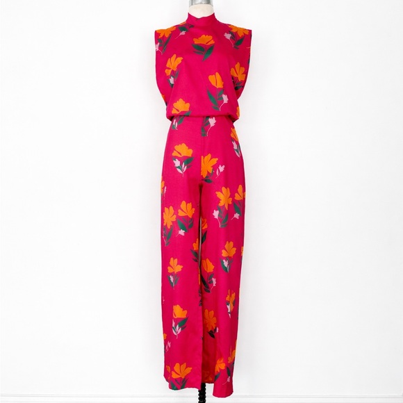 Zara Pants - Zara Hot Pink Floral High-Neck Jumpsuit | M